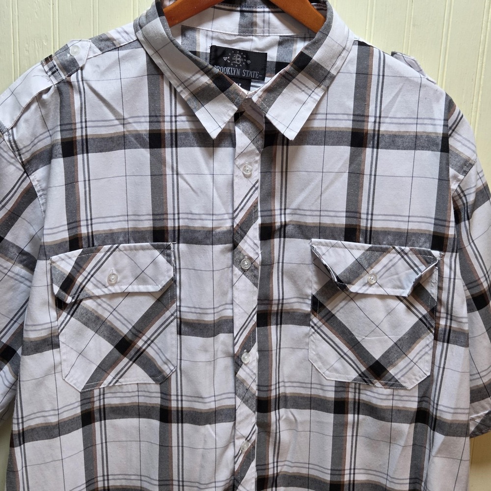 Brooklyn State Shirt Mens 5XL Gray Plaid Short Sleeve Button Up Pockets Casual